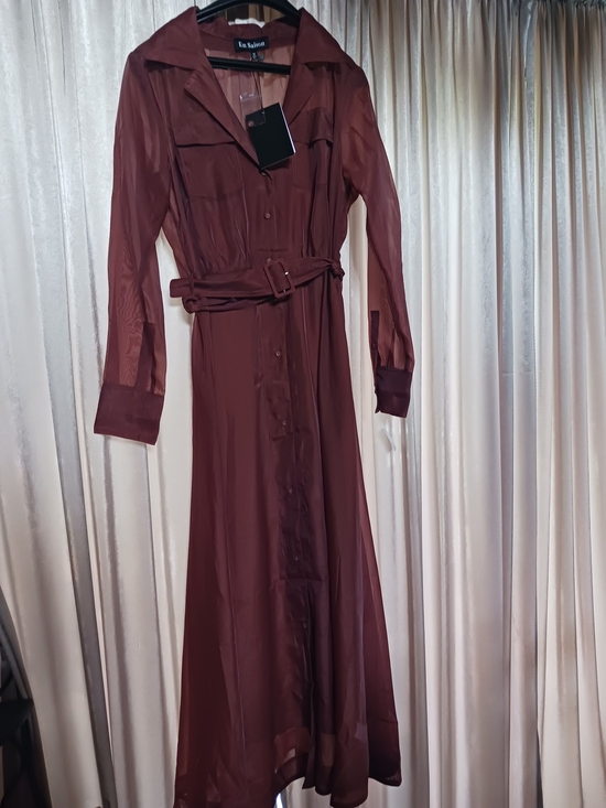 En Saison Dresses & Skirts - NWT En Saison Brown Long-Sleeve Belted Maxi Shirt Dress With Separate Slip